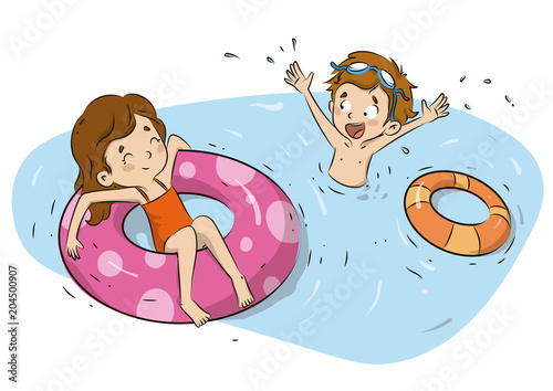 Niños en la piscina en verano con flotadores