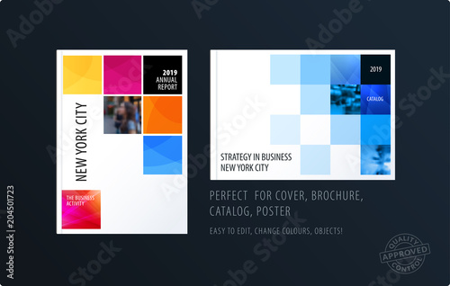 Brochure design square template. Colourful modern abstract set, annual report with pixels for branding.