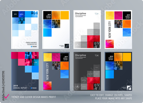 Brochure design square template. Colourful modern abstract set, annual report with pixels for branding.