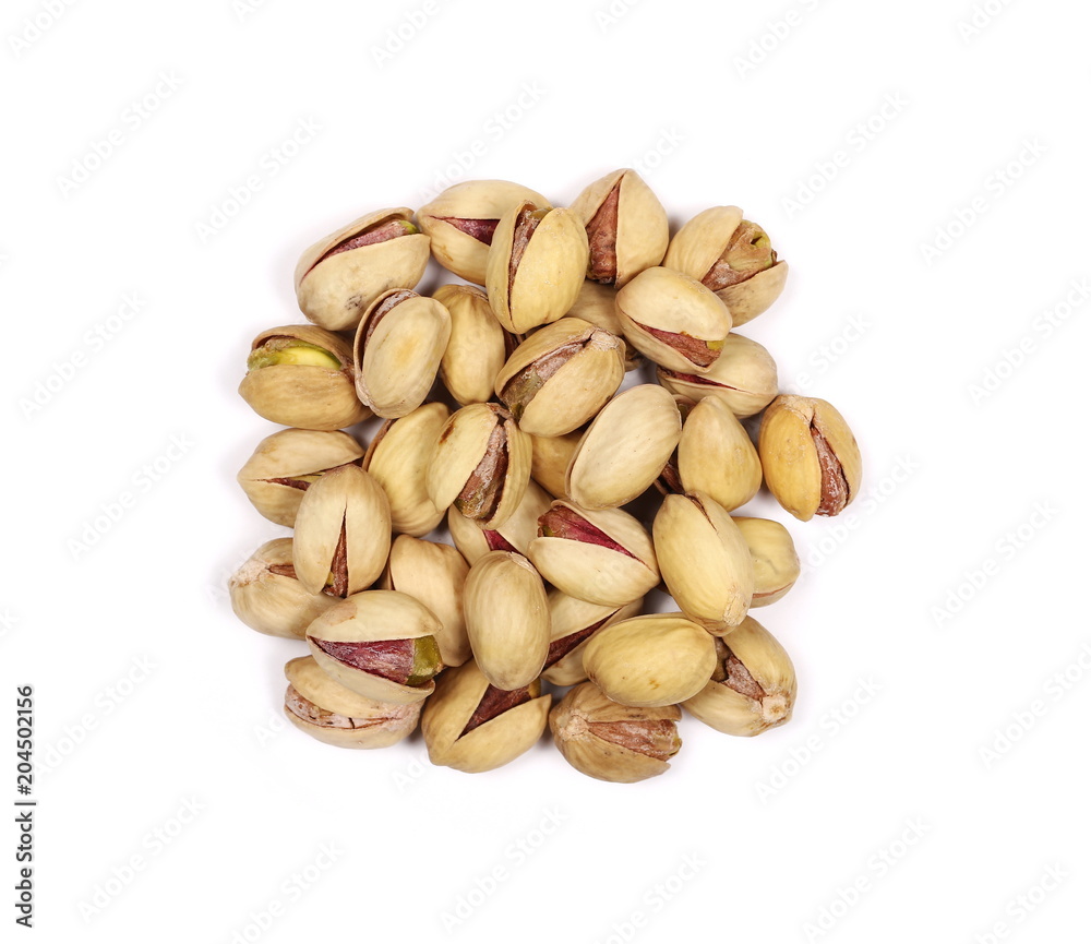 Pistachios isolated on white background, top view Pistachios isolated on white background, top view