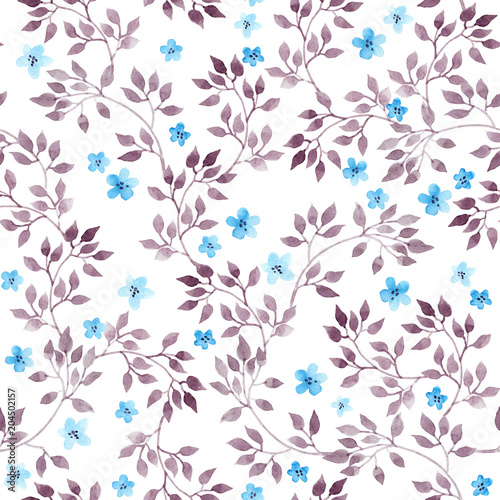 Seamless vintage floral background with cute flowers and leaves. Watercolour painted art