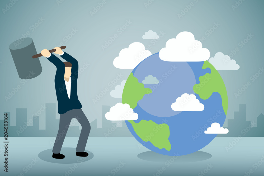Businessman breaking earth with hammer. Businessman breaking earth with hammer.