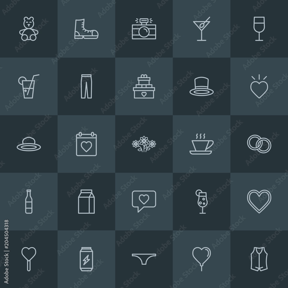 Modern Simple Set of clothes, drinks, valentine Vector outline Icons. Contains such Icons as photography, alcohol, decoration, panties and more on dark background. Fully Editable. Pixel Perfect. Modern Simple Set of clothes, drinks, valentine Vector outline Icons. Contains such Icons as photography, alcohol, decoration, panties and more on dark background. Fully Editable. Pixel Perfect.