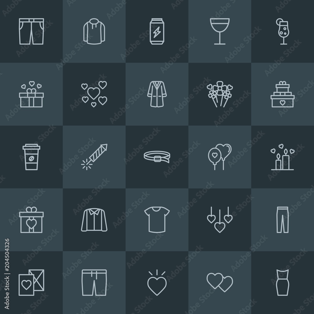Modern Simple Set of clothes, drinks, valentine Vector outline Icons. Contains such Icons as clothing, background, sport, can, romantic and more on dark background. Fully Editable. Pixel Perfect. Modern Simple Set of clothes, drinks, valentine Vector outline Icons. Contains such Icons as clothing, background, sport, can, romantic and more on dark background. Fully Editable. Pixel Perfect.