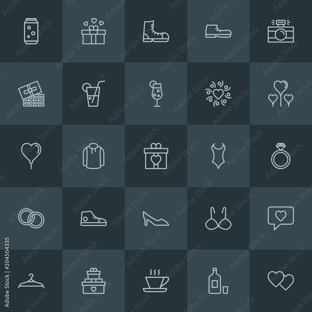 Modern Simple Set of clothes, drinks, valentine Vector outline Icons. Contains such Icons as  drink,  leather, love,  bikini, hanger,  gift and more on dark background. Fully Editable. Pixel Perfect.