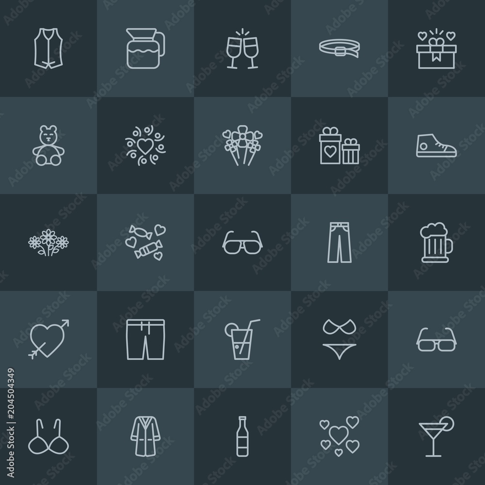 Modern Simple Set of clothes, drinks, valentine Vector outline Icons. Contains such Icons as bikini, celebration, water, love, coat, vest and more on dark background. Fully Editable. Pixel Perfect. Modern Simple Set of clothes, drinks, valentine Vector outline Icons. Contains such Icons as bikini, celebration, water, love, coat, vest and more on dark background. Fully Editable. Pixel Perfect.