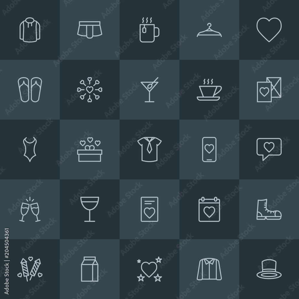 Modern Simple Set of clothes, drinks, valentine Vector outline Icons. Contains such Icons as  xmas,  fashion, holiday,  casual,  hook,  day and more on dark background. Fully Editable. Pixel Perfect.