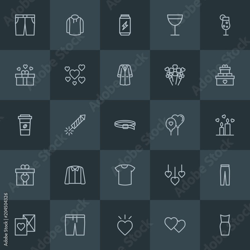 Modern Simple Set of clothes, drinks, valentine Vector outline Icons. Contains such Icons as  clothing,  background,  sport, can,  romantic and more on dark background. Fully Editable. Pixel Perfect.