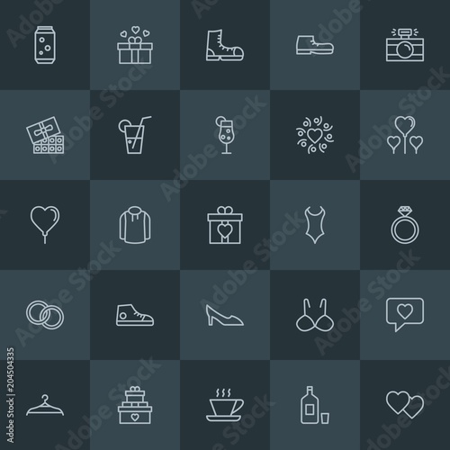 Modern Simple Set of clothes, drinks, valentine Vector outline Icons. Contains such Icons as drink, leather, love, bikini, hanger, gift and more on dark background. Fully Editable. Pixel Perfect.