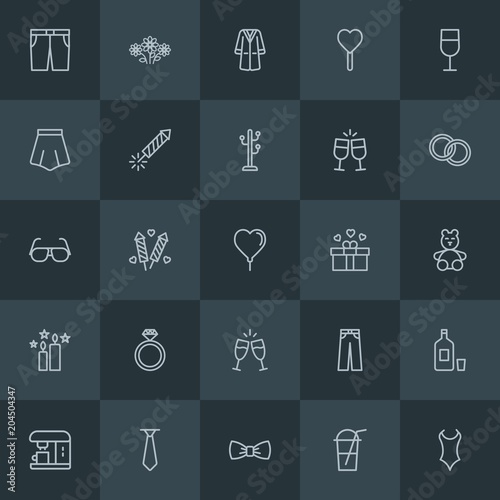 Modern Simple Set of clothes, drinks, valentine Vector outline Icons. Contains such Icons as  female,  festival, tie,  coffee,  drink,  bow and more on dark background. Fully Editable. Pixel Perfect.