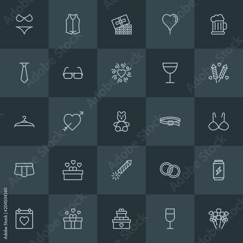 Modern Simple Set of clothes, drinks, valentine Vector outline Icons. Contains such Icons as chocolate, drink, glass, gift, balloon, red and more on dark background. Fully Editable. Pixel Perfect.