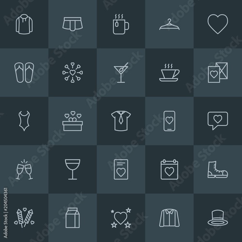 Modern Simple Set of clothes, drinks, valentine Vector outline Icons. Contains such Icons as xmas, fashion, holiday, casual, hook, day and more on dark background. Fully Editable. Pixel Perfect.