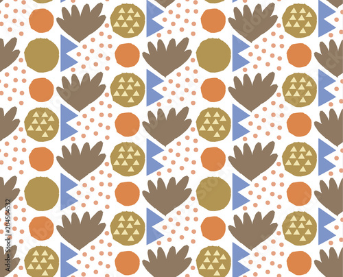 Ornamental seamless pattern with abstract form, geometry shapes, dots. Cute print in scandinavian style.The image is made hand-made. Abstract background. Ornamental, traditional, simple. 