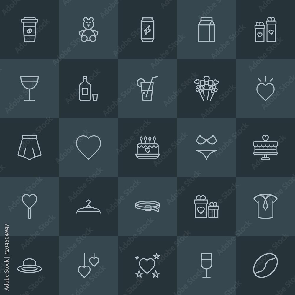 Modern Simple Set of clothes, drinks, valentine Vector outline Icons. Contains such Icons as  heart, hat,  paper,  box,  alcohol,  day,  cup and more on dark background. Fully Editable. Pixel Perfect.