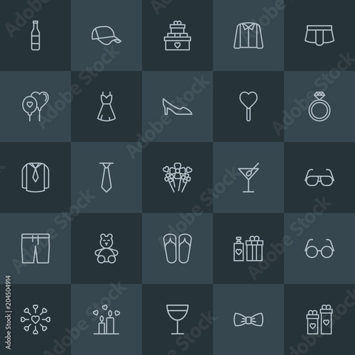 Modern Simple Set of clothes, drinks, valentine Vector outline Icons. Contains such Icons as love, valentine, fashion, day, fashion, hat and more on dark background. Fully Editable. Pixel Perfect.