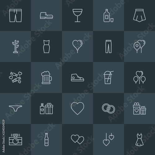 Modern Simple Set of clothes, drinks, valentine Vector outline Icons. Contains such Icons as glass, present, wineglass, camera, foot and more on dark background. Fully Editable. Pixel Perfect.