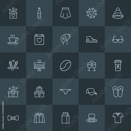 Modern Simple Set of clothes, drinks, valentine Vector outline Icons. Contains such Icons as warm, food, bottle, accessory, bow, hat and more on dark background. Fully Editable. Pixel Perfect.