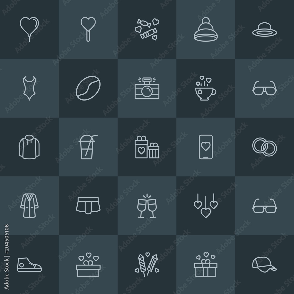 Modern Simple Set of clothes, drinks, valentine Vector outline Icons. Contains such Icons as summer,  female,  holiday,  festival,  square and more on dark background. Fully Editable. Pixel Perfect.