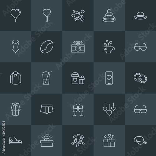 Modern Simple Set of clothes, drinks, valentine Vector outline Icons. Contains such Icons as summer,  female,  holiday,  festival,  square and more on dark background. Fully Editable. Pixel Perfect.