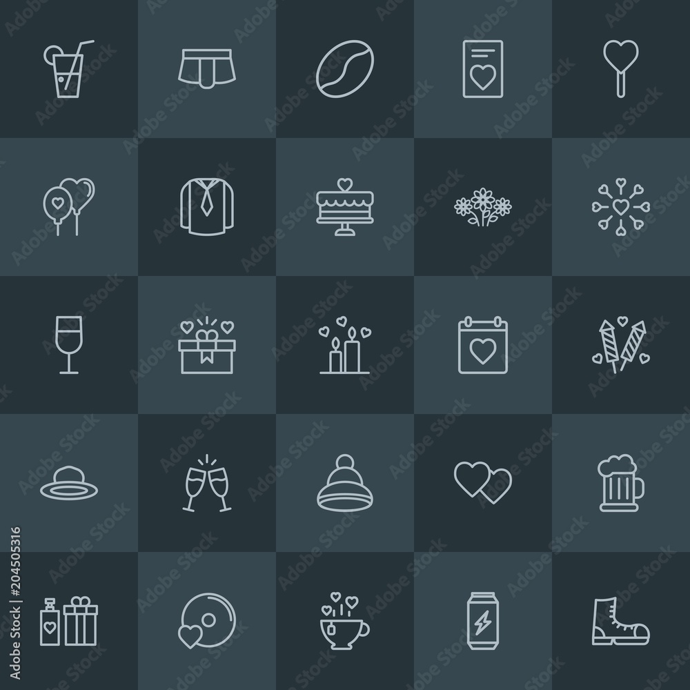 Modern Simple Set of clothes, drinks, valentine Vector outline Icons. Contains such Icons as play,  shorts,  print, glass,  clothing,  card and more on dark background. Fully Editable. Pixel Perfect.