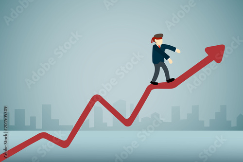 businessman with blindfold walking on upward graph.