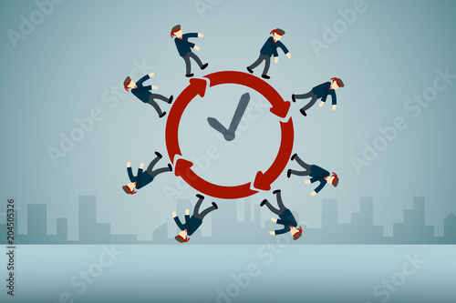 routine businessman with blindfold walking on clock symbol.