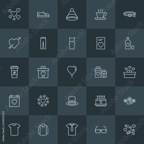 Modern Simple Set of clothes, drinks, valentine Vector outline Icons. Contains such Icons as day, love, template, spring, fashion, cup and more on dark background. Fully Editable. Pixel Perfect.