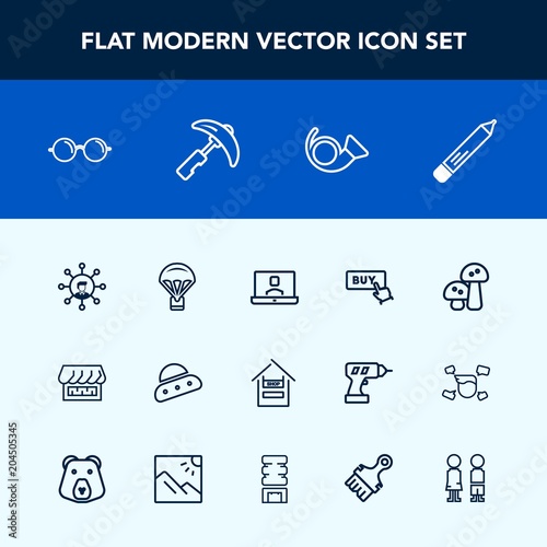 Modern, simple vector icon set with mushroom, office, nature, white, internet, musical, button, eyeglasses, jazz, curtain, optical, supermarket, bugle, communication, stationery, call, eyesight icons