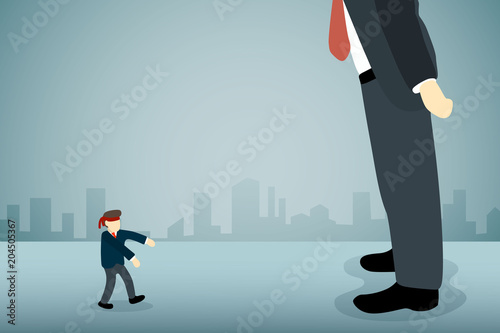 businessman with blindfold walking to big businessman,boss.