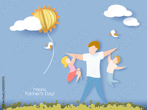 Handsome man with his children. Happy fathers day card. Paper cut style. Vector illustration