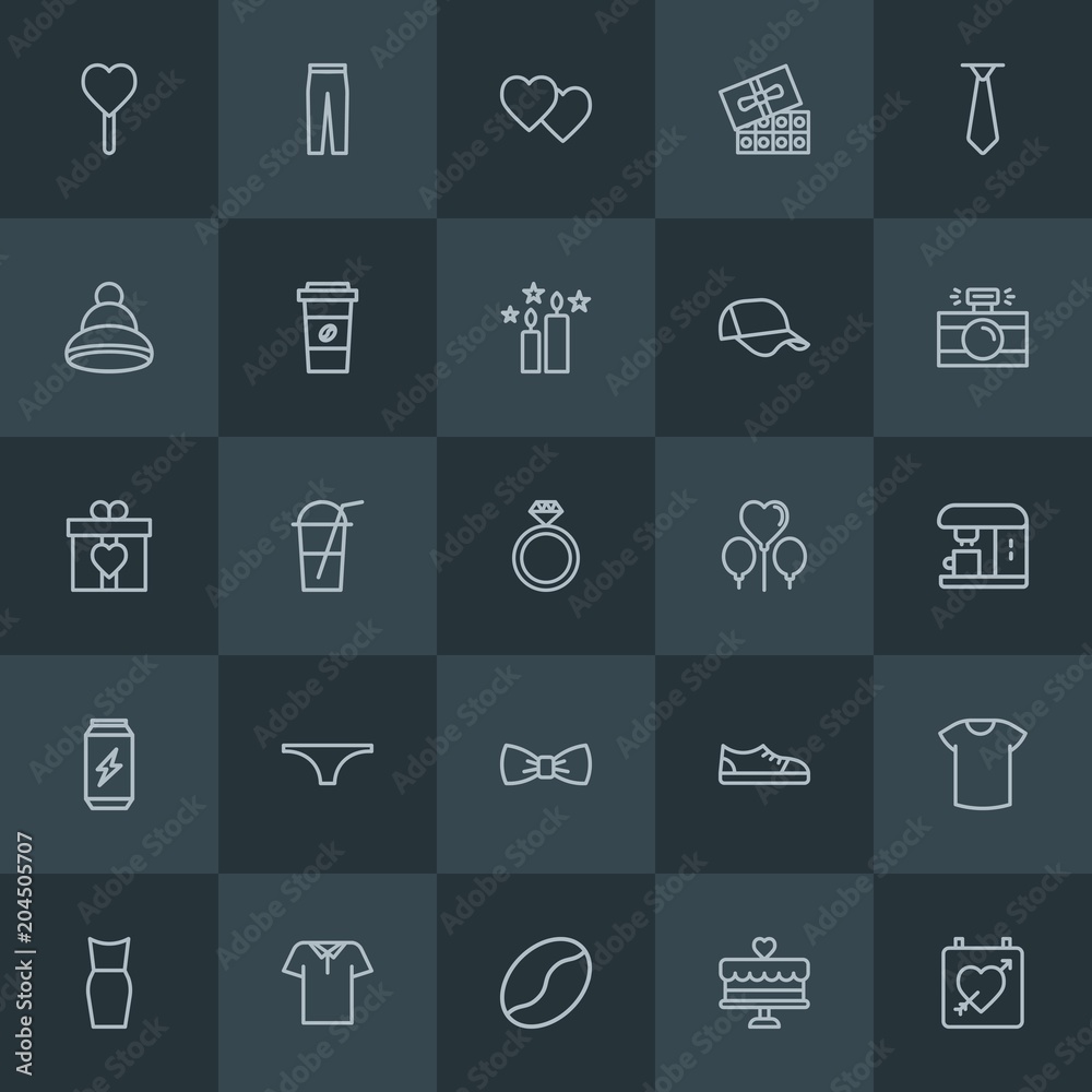 Modern Simple Set of clothes, drinks, valentine Vector outline Icons. Contains such Icons as  sweet,  white, winter, candy, fashion,  bean and more on dark background. Fully Editable. Pixel Perfect.