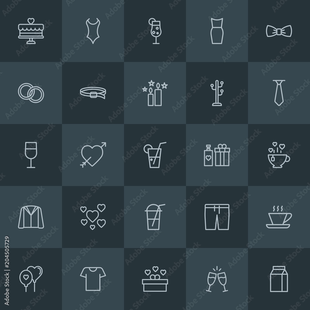 Modern Simple Set of clothes, drinks, valentine Vector outline Icons. Contains such Icons as  cup,  espresso, template,  love,  wine,  box and more on dark background. Fully Editable. Pixel Perfect.