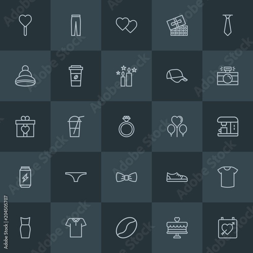 Modern Simple Set of clothes, drinks, valentine Vector outline Icons. Contains such Icons as  sweet,  white, winter, candy, fashion,  bean and more on dark background. Fully Editable. Pixel Perfect.