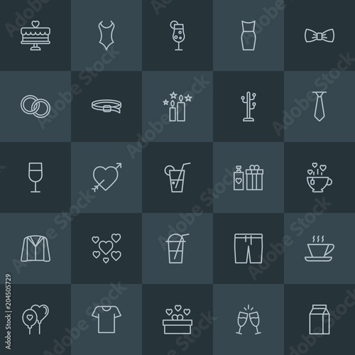 Modern Simple Set of clothes, drinks, valentine Vector outline Icons. Contains such Icons as cup, espresso, template, love, wine, box and more on dark background. Fully Editable. Pixel Perfect.