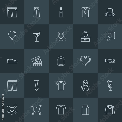 Modern Simple Set of clothes, drinks, valentine Vector outline Icons. Contains such Icons as love, clothing, beverage, t-shirt, toy, hat and more on dark background. Fully Editable. Pixel Perfect.