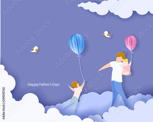 Handsome man with his children and color balloons. Happy fathers day card. Paper cut style. Vector illustration