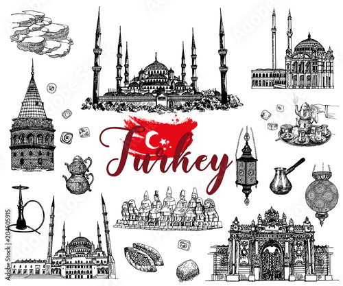 Set of hand drawn sketch style Turkey related objects isolated on white background. Vector illustration.