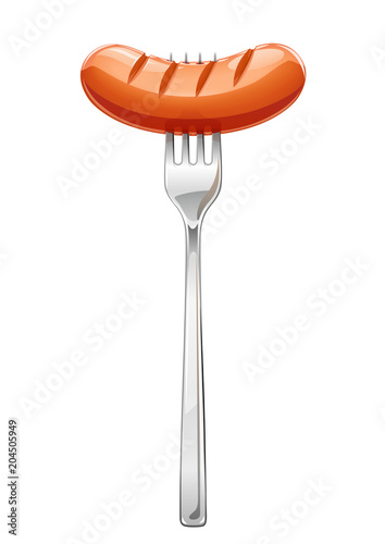 Grilled sausage at fork. Meat food. Grill frankfurter. Fried