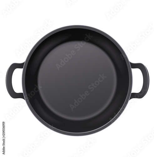 Pan for frying food. Cooking meal. Top view. Metallic utensil