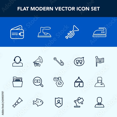 Modern, simple vector icon set with housework, perfume, team, find, concept, service, hook, america, bugle, file, rod, pump, vintage, wallet, ironing, folder, fishing, bottle, clothes, music icons photo