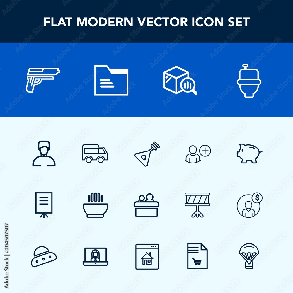 Modern, simple vector icon set with direction, trend, string, move, restroom, left, firearm, finance, businessman, public, user, speaker, pistol, investment, weapon, music, highway, add, bank icons