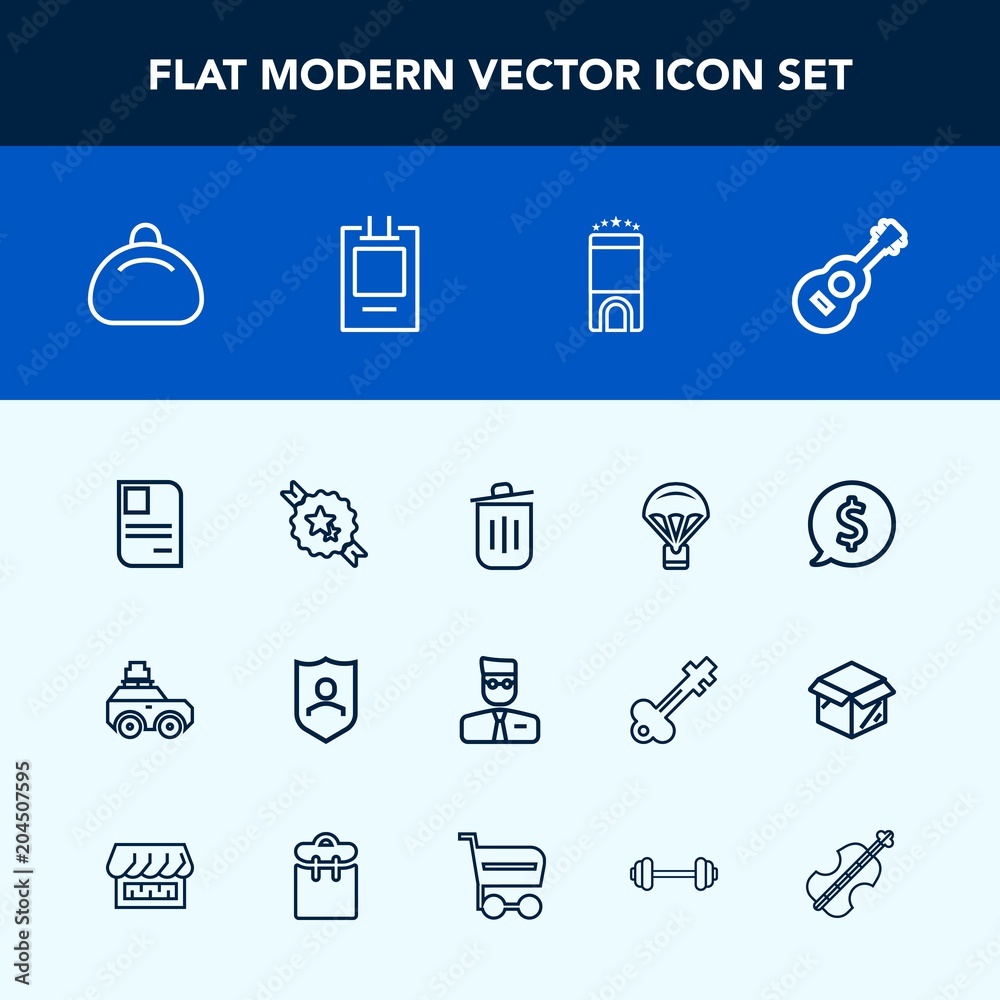 Modern, simple vector icon set with label, protection, trash, decorative, extreme, luxury, guitar, jump, bin, style, parachute, car, garbage, card, circle, account, security, luggage, bag, sky icons Modern, simple vector icon set with label, protection, trash, decorative, extreme, luxury, guitar, jump, bin, style, parachute, car, garbage, card, circle, account, security, luggage, bag, sky icons
