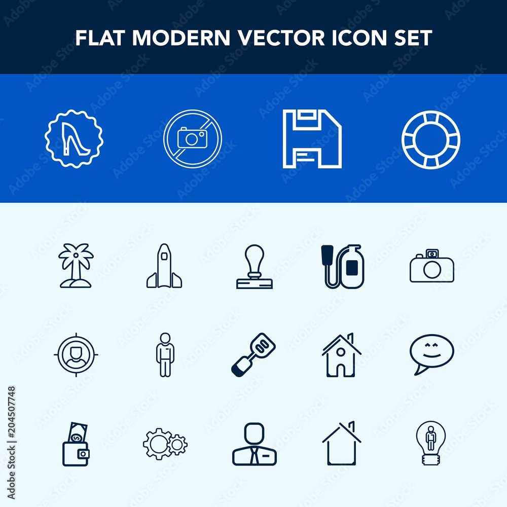 Modern, simple vector icon set with science, space, target, marketing, paper, computer, emergency, forbidden, diskette, water, camera, ring, tropical, stationery, palm, elegance, circle, man icons