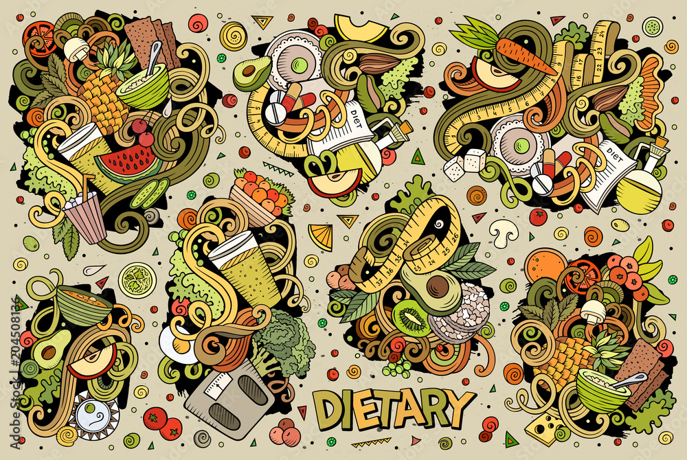 Fototapeta Vector doodles cartoon set of Diet food combinations of objects and elements