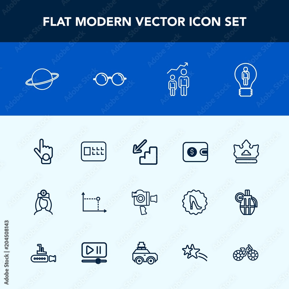 Modern, simple vector icon set with medical, sign, development, safety, bank, nurse, lock, idea, downstairs, care, gesture, equipment, camera, film, royal, video, money, orbit, geometry, down icons