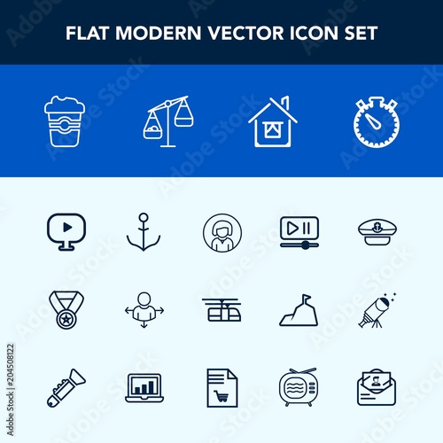 Modern, simple vector icon set with cup, young, player, road, award, travel, navy, place, house, direction, coffee, nautical, drink, home, cafe, sky, rudder, timer, success, prize, interface icons