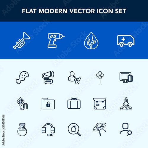 Modern, simple vector icon set with business, file, folder, lock, fast, sky, fun, music, retro, summer, luggage, travel, chicken, bugle, jazz, electric, record, air, credit, food, ventilator icons