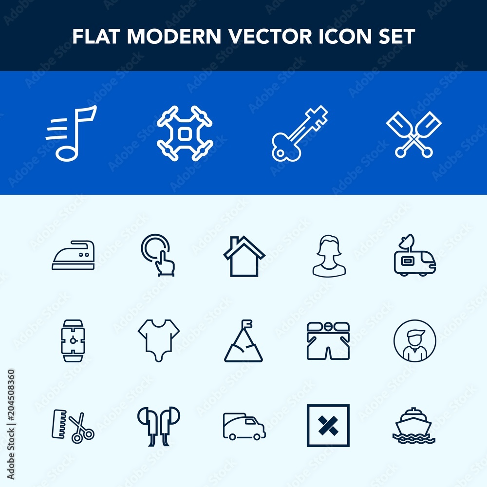 Modern, simple vector icon set with satellite, clothes, girl, canoe, watch, water, melody, lock, mountain, touch, antenna, blue, click, avatar, oar, fashion, home, housework, music, television icons