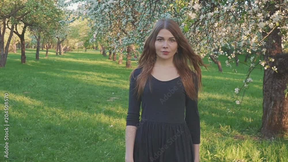 young woman walking in an apple orchard in the spring flowers white. Portrait of a beautiful girl in the evening fruit garden. young woman walking in an apple orchard in the spring flowers white. Portrait of a beautiful girl in the evening fruit garden.