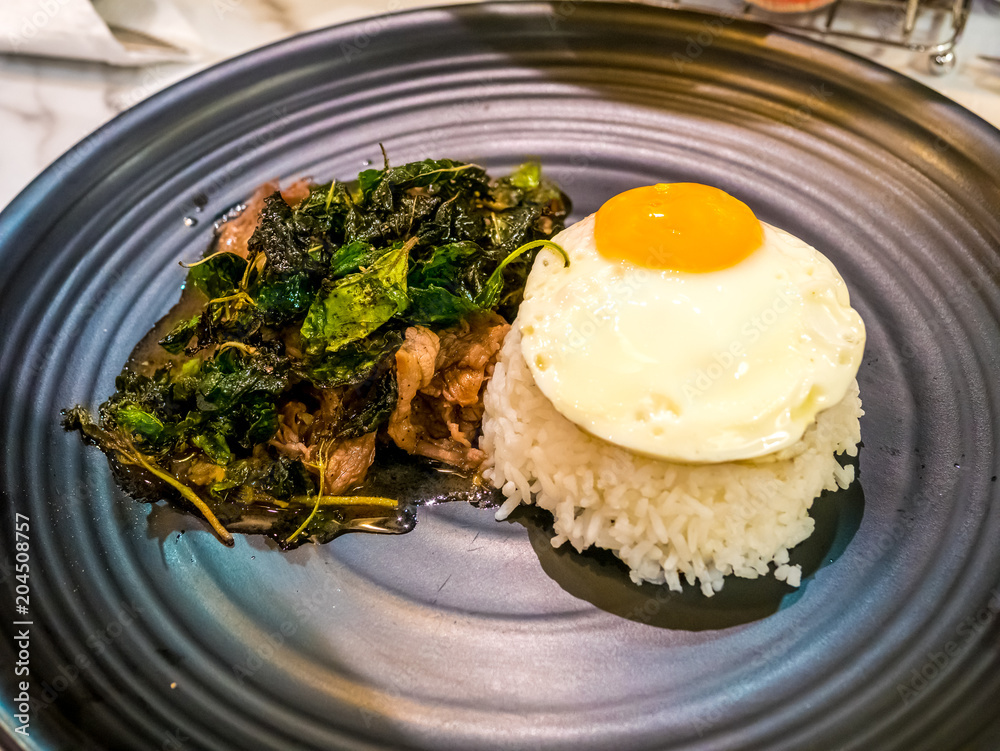 Thai spicy popular famous food basil beef fried rice recipe with fired